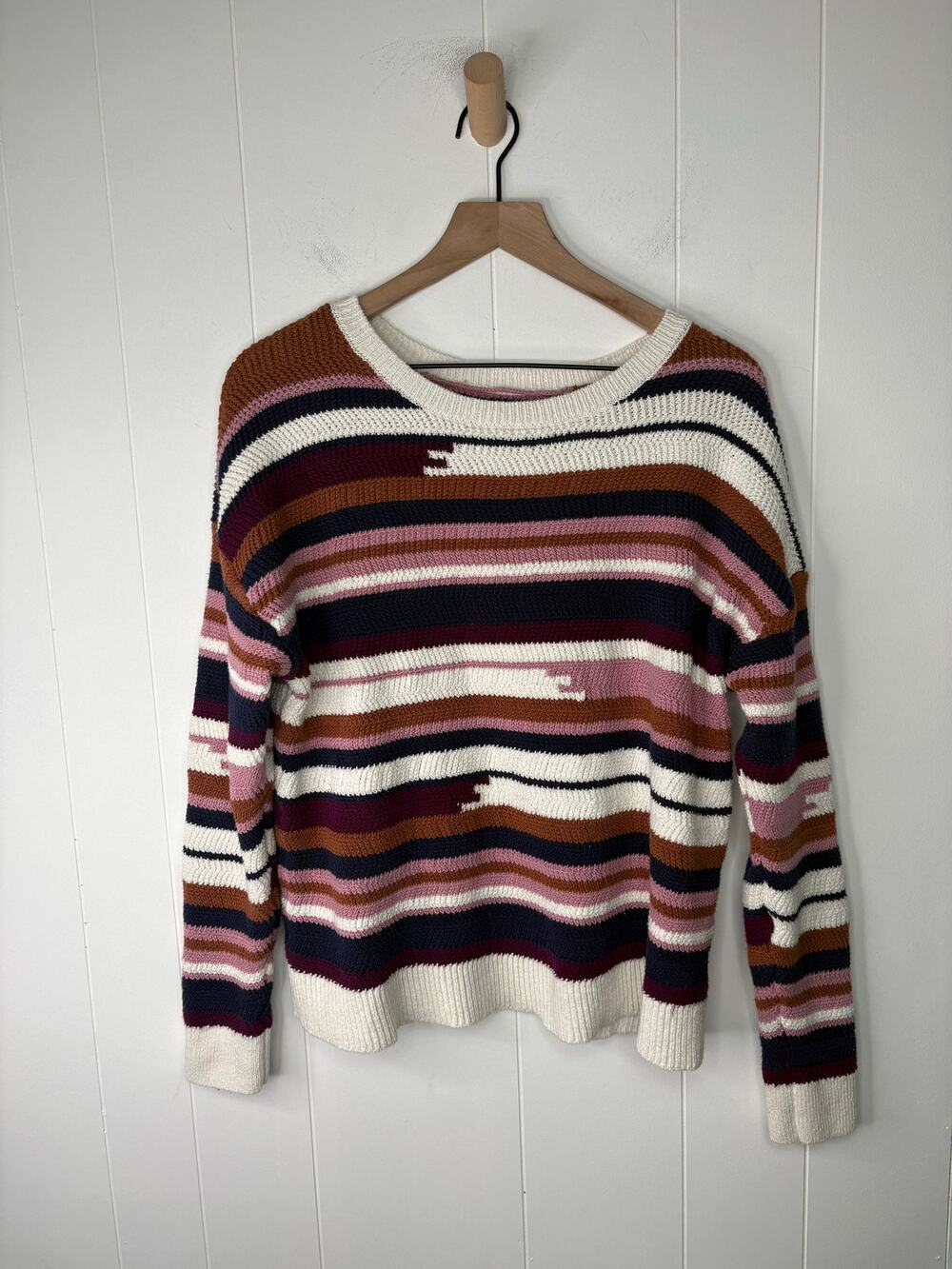 Boho Stripe Chunky Knit Crewneck Sweater Large Mauve Cottagecore Cozy Pullover